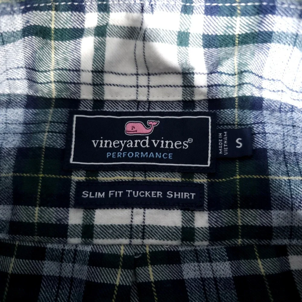 Vineyard Vines Button Down Shirt Mens‎ Small Green Plaid Performance Slim Tucker